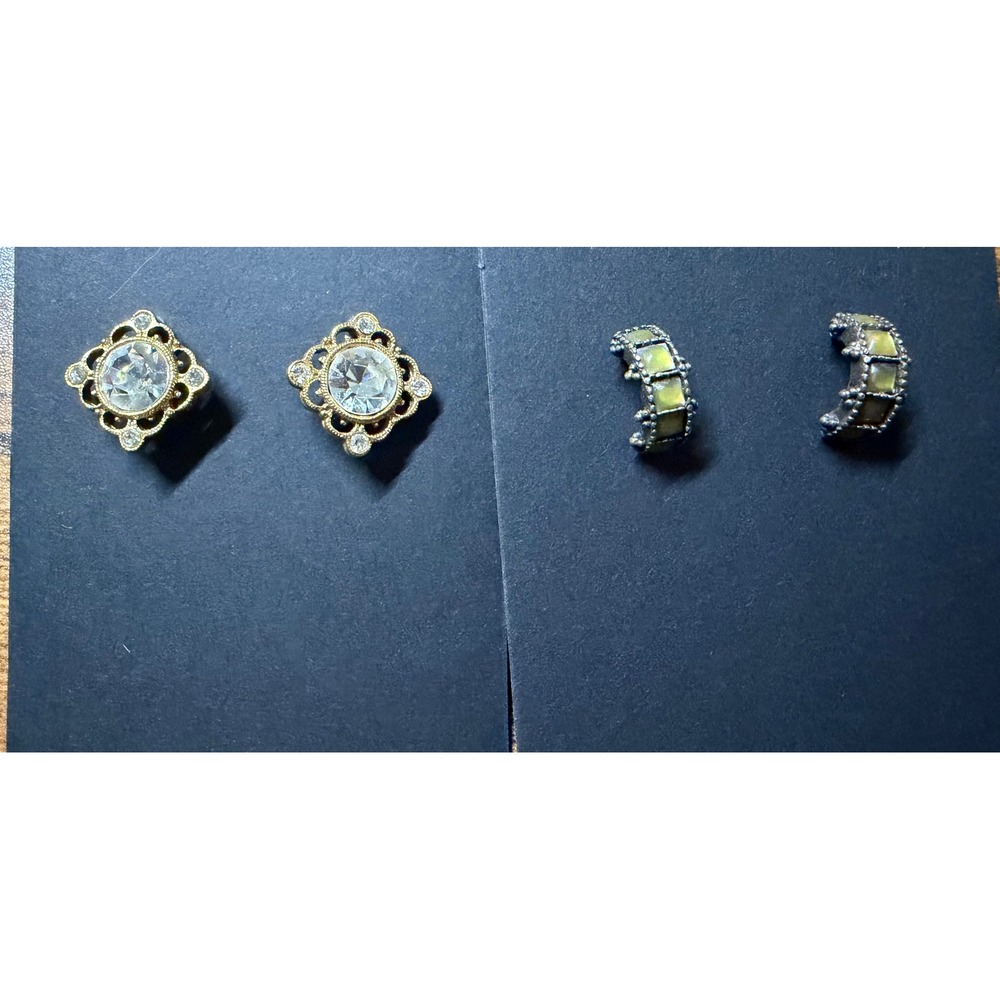Vintage Style Earring Set Gold Filigree Crystal Studs & Iridescent Huggie Hoops